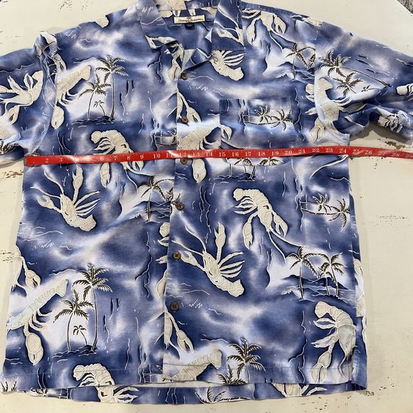 TOMMY BAHAMA SILK CAMP SHIRT XL BLUE PALM SHRIMP ALOHA Hawaiian Tropical - Picture 5 of 6